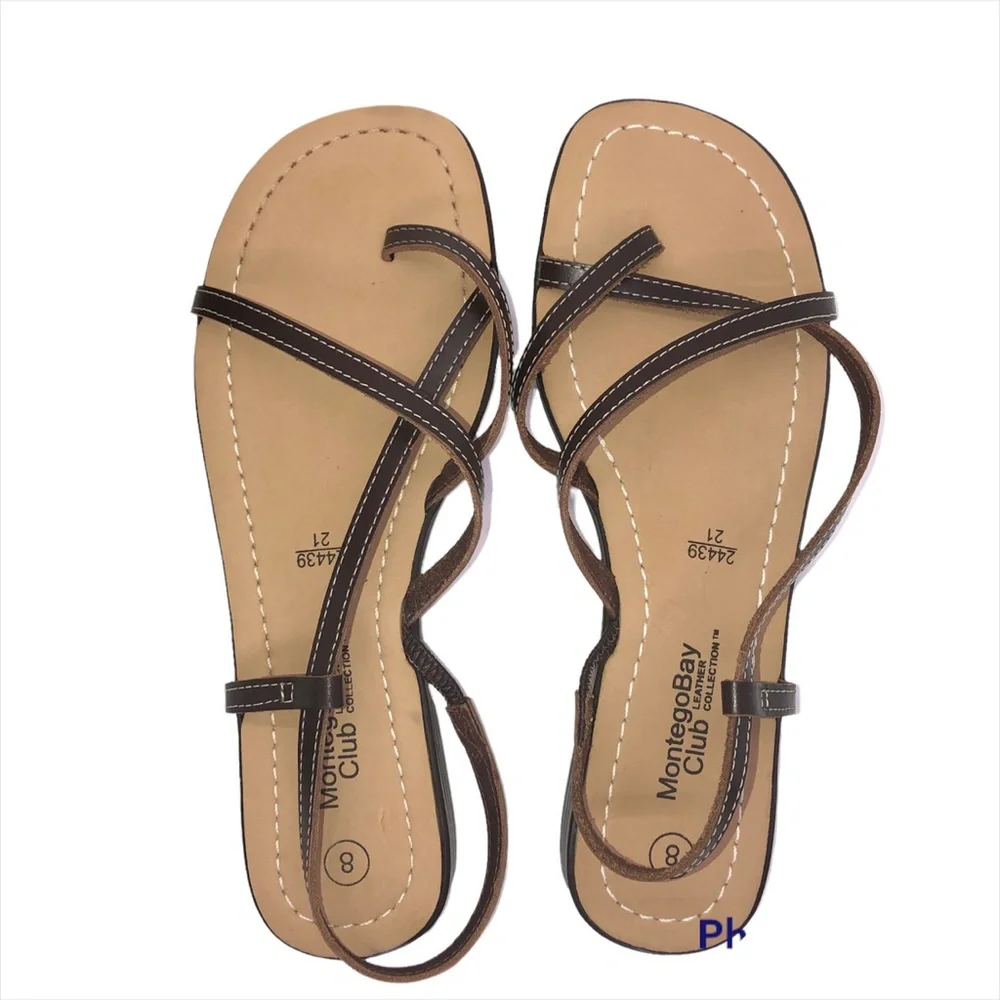 Montego Bay Club Brown Leather Flat Strappy Thong Toe Sandals Size 8 - Picture 1 of 13